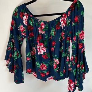 Forever 21 Small Off the shoulder blue floral blouse with tapered bell sleeves